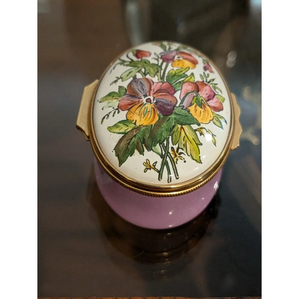 Halcyon Days Tiffany & Co Oval Enamel Pansy Pill or Trinket Box Lavender Purple